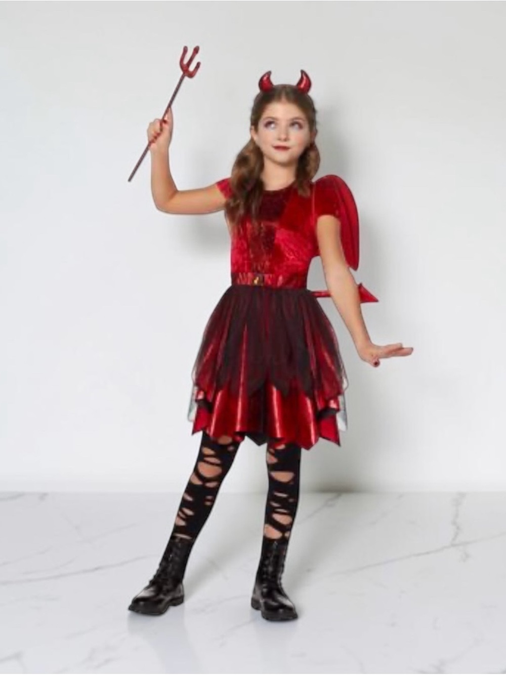 Halloween Costume Devil Girl Tween XL Dress, Wings, Headband Wand NWT
